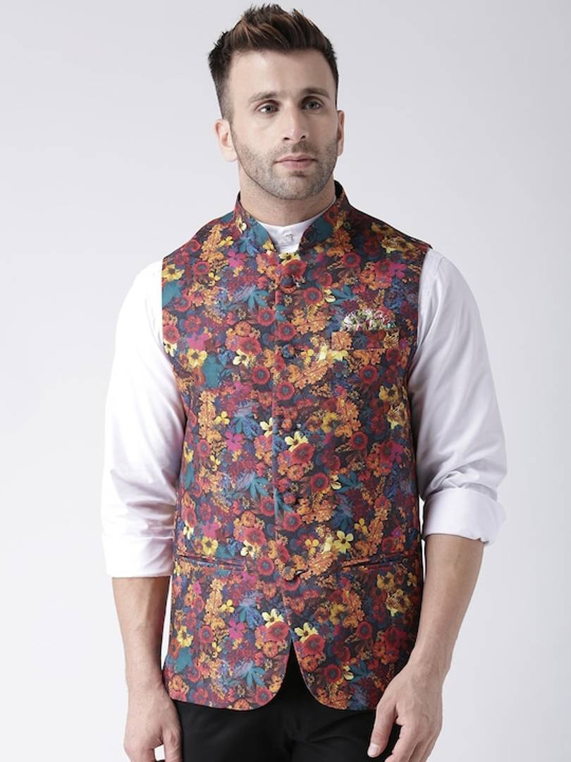 Men's Maroon Viscose
 Printed Nehru Jackets